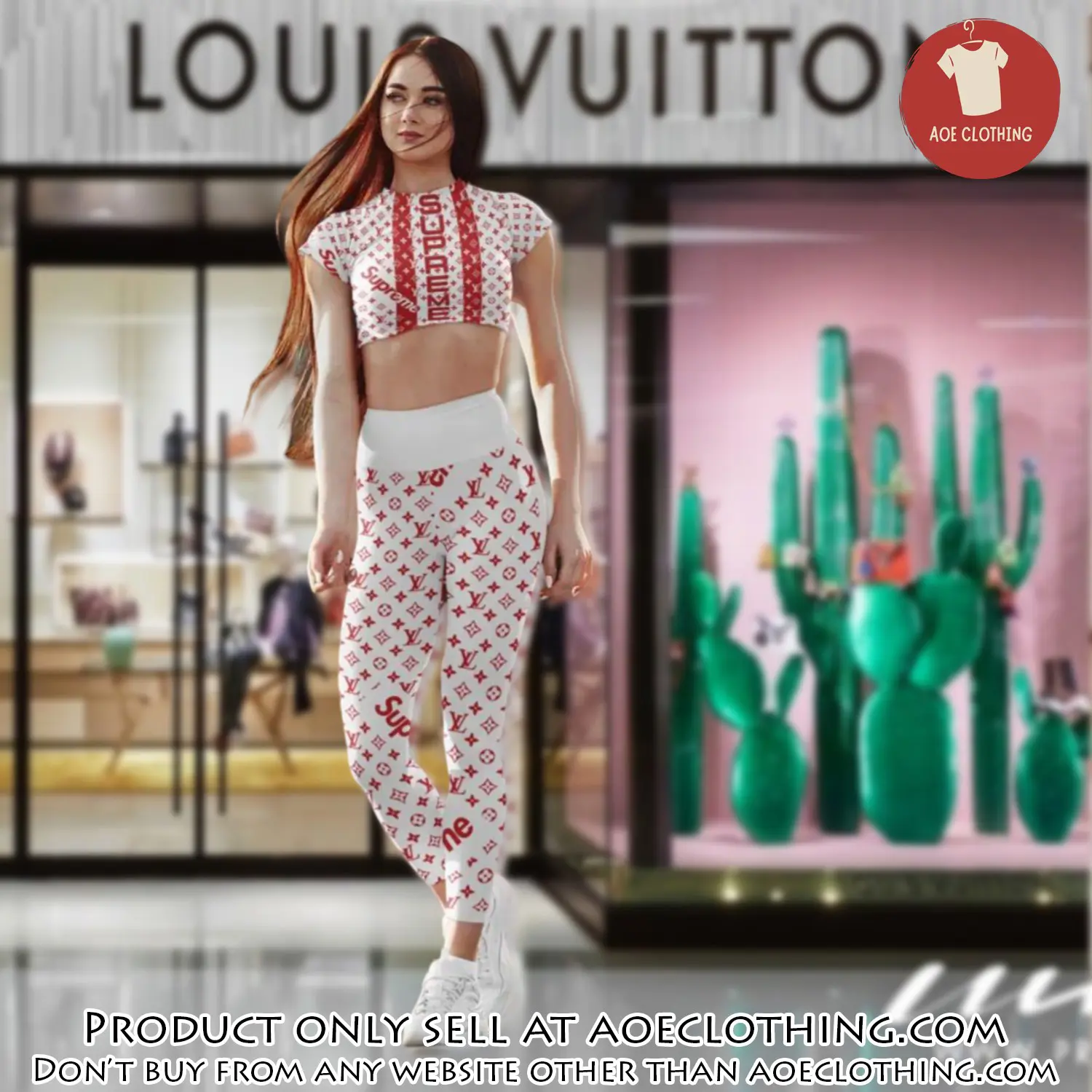 Red supreme louis vuitton luxury sportwear combo luxury brand crop top tshirt and legging for women ctl1037 aoe2157087